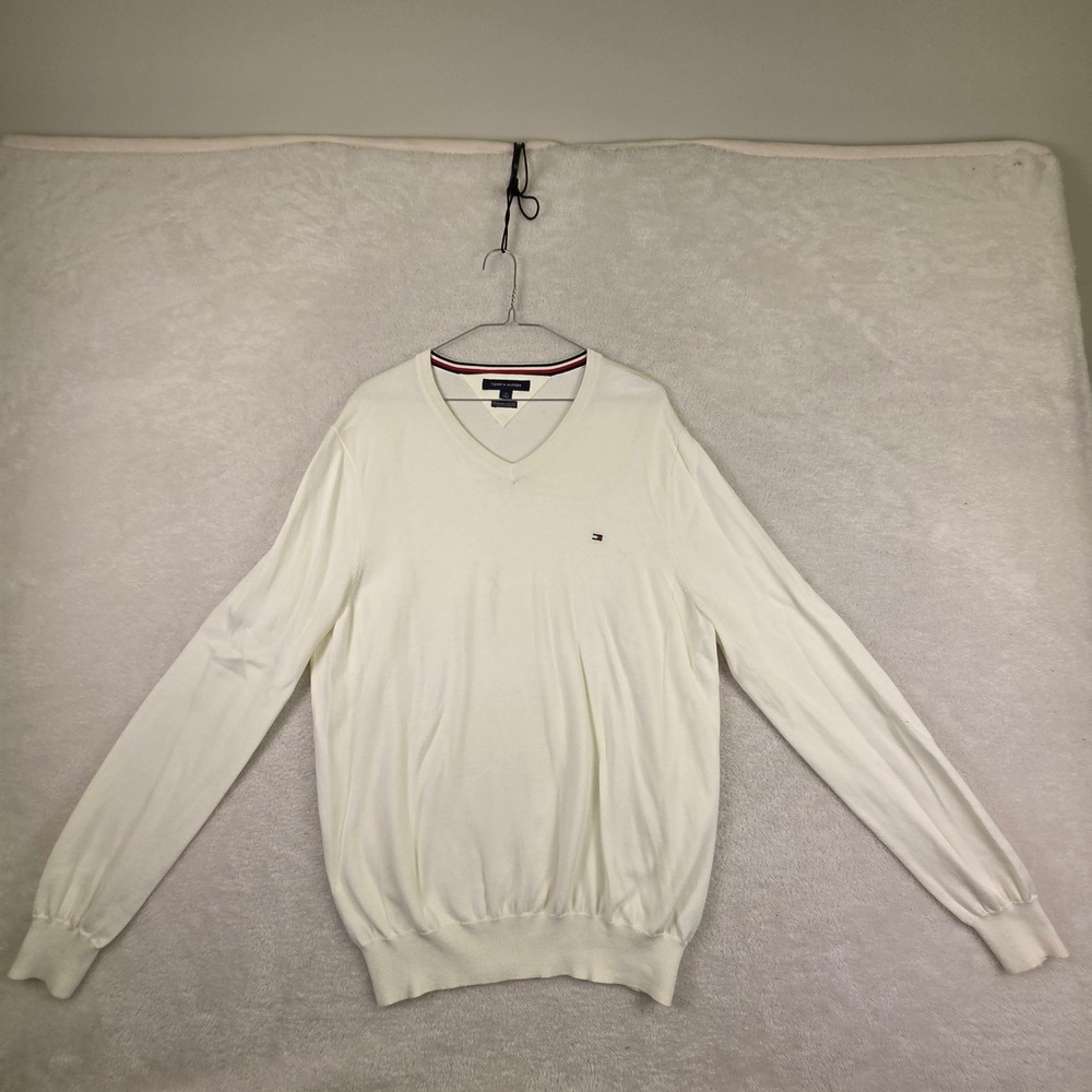 Tommy Hilfiger Mens V-Neck Sweater White Cotton Long Sleeve Flag Logo Large